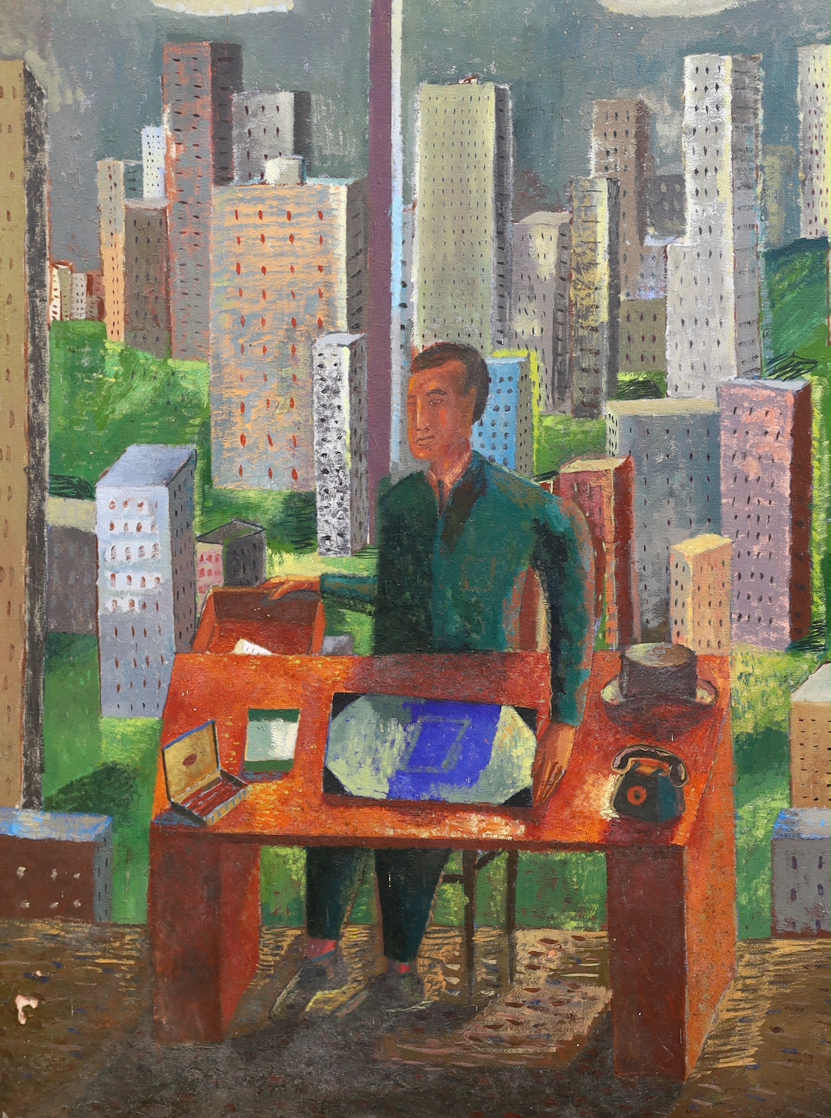 Michael Buhler (1940-2009), oil on canvas, Seated figure before skyscrapers, inscribed verso 'Himself as a big boss in New York', 83 x 64cm, unframed